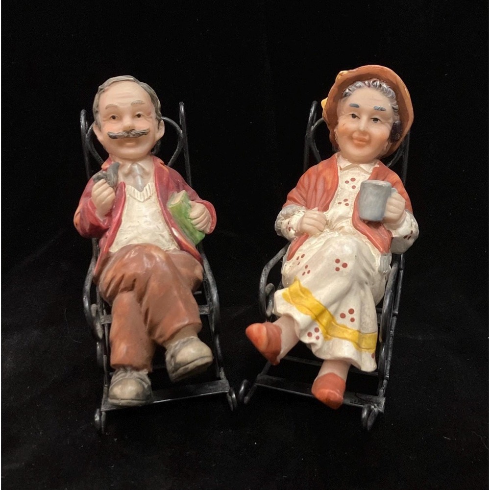 Vintage Grandma Grandpa Metal Rocking Chairs Resin Figurines 1:12 Scale Set of 2